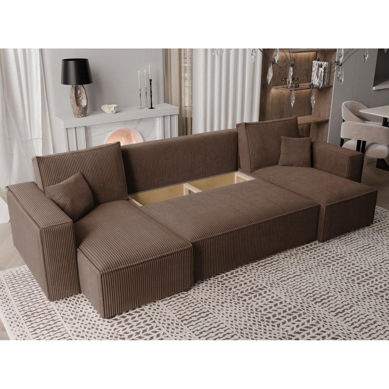 Minkštas kampinis sofa svetainės kambariui PARIS U su miego funkcija ir patalynės dėže Spalvos: Poso 06 (Ruda) 1