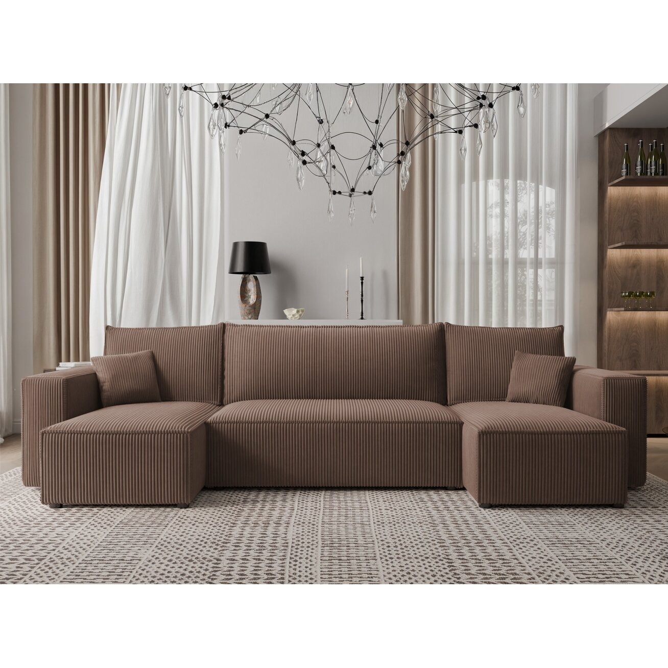 Minkštas kampinis sofa svetainės kambariui PARIS U su miego funkcija ir patalynės dėže Spalvos: Poso 06 (Ruda) 2