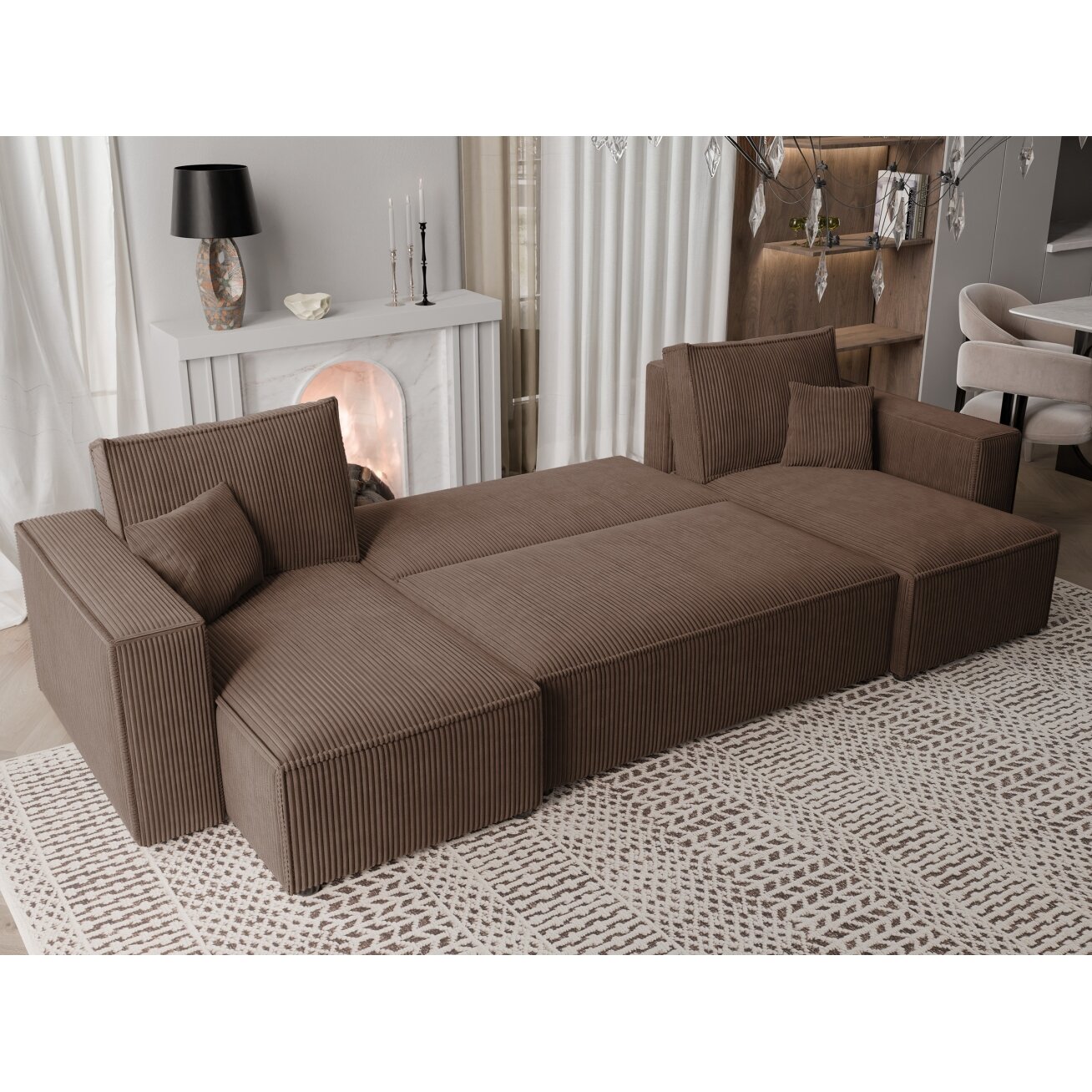 Minkštas kampinis sofa svetainės kambariui PARIS U su miego funkcija ir patalynės dėže Spalvos: Poso 06 (Ruda) 3