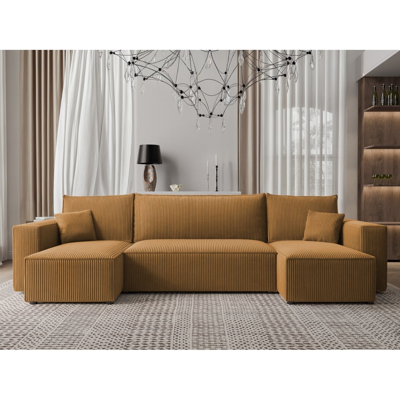 Minkštas kampinis sofa svetainei PARIS U su miego funkcija ir patalynės dėže Spalvos: Poso 01 (geltona) 3