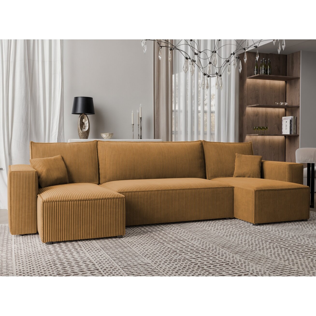 Minkštas kampinis sofa svetainei PARIS U su miego funkcija ir patalynės dėže Spalvos: Poso 01 (geltona)