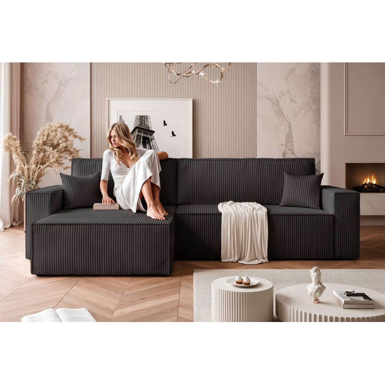 Minkštas kampas svetainei PARIS XL su miegojimo funkcija ir patalynės dėže Spalvos: Poso 135 (Antracitas) 4