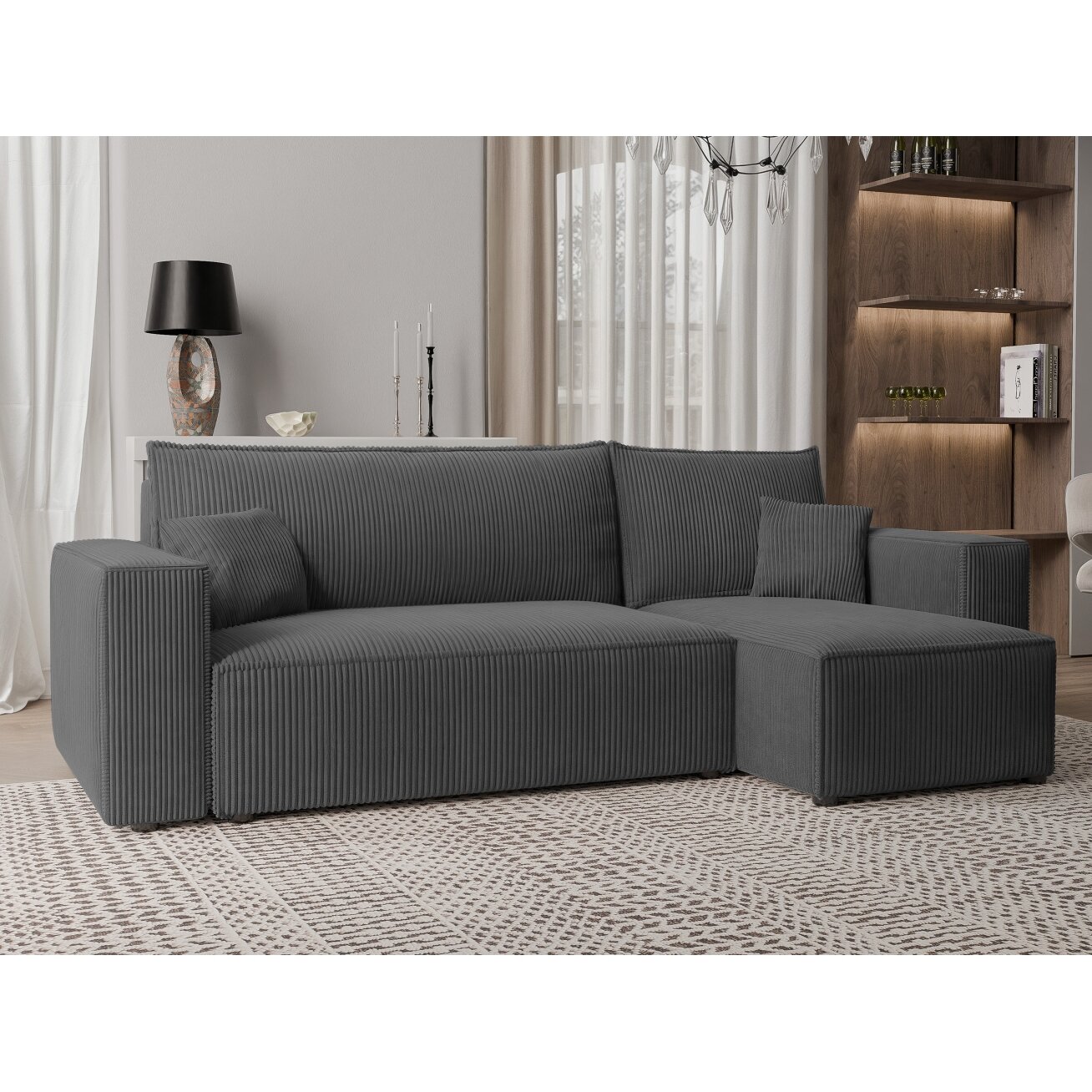 Minkštas kampas PARIS su miego funkcija ir patalynės dėže Spalvos: Poso 34 (Tamsiai pilka)