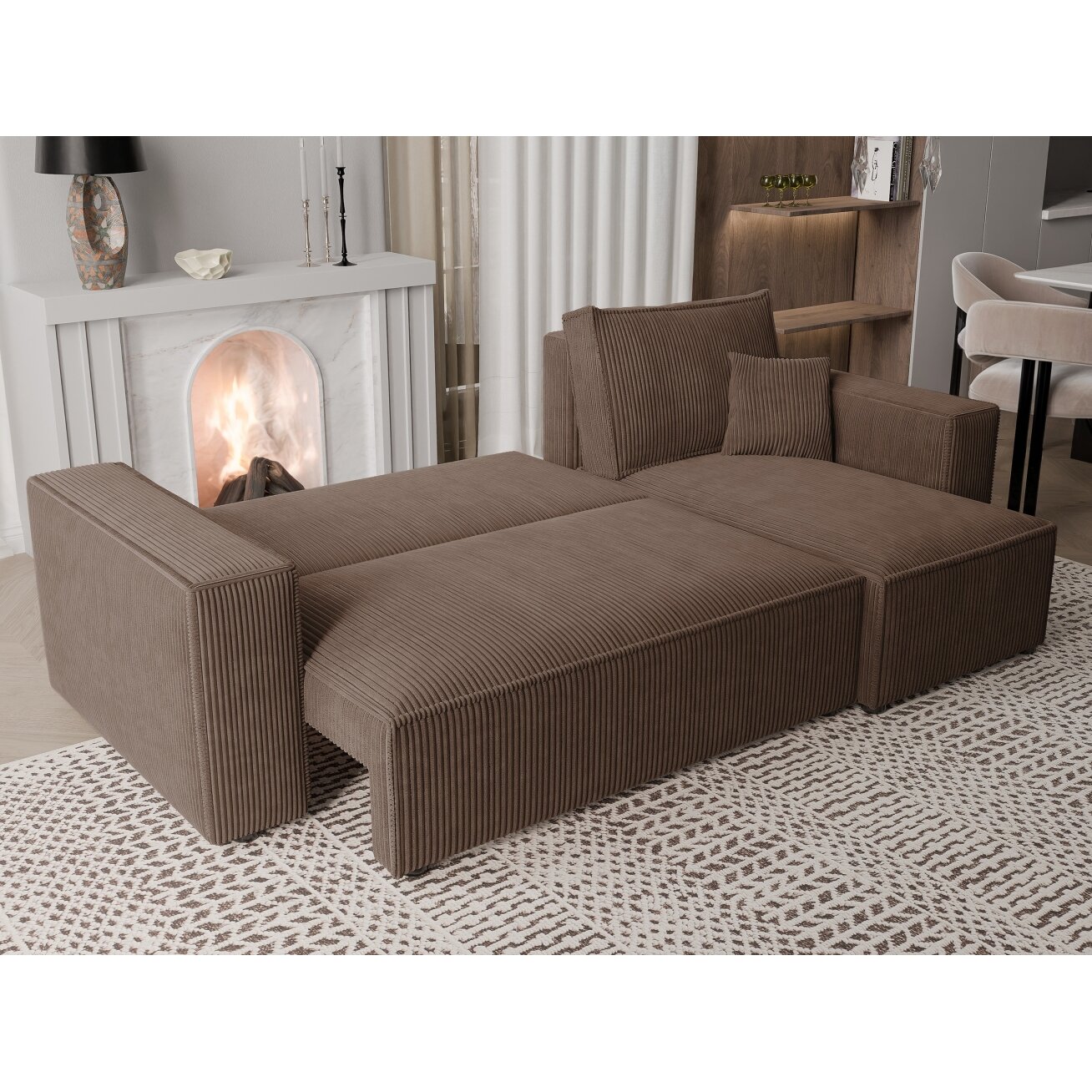 Minkštas kampinis sofa PARIS su miego funkcija ir patalynės dėže Spalvos: Poso 06 (Ruda) 2