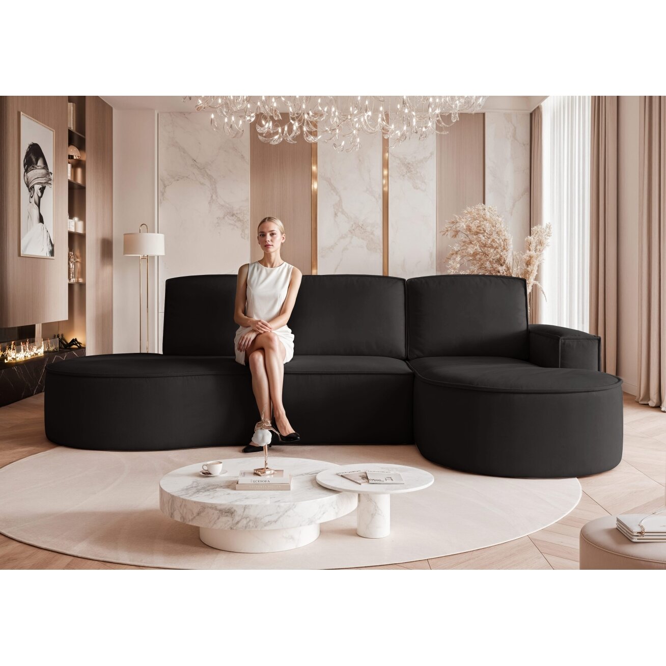 Minkštas kampas SOFIA L su miego funkcija ir patalynės dėže Kampo pusė: Dešinė, Spalvos: Riviera 100 (Juoda) 4