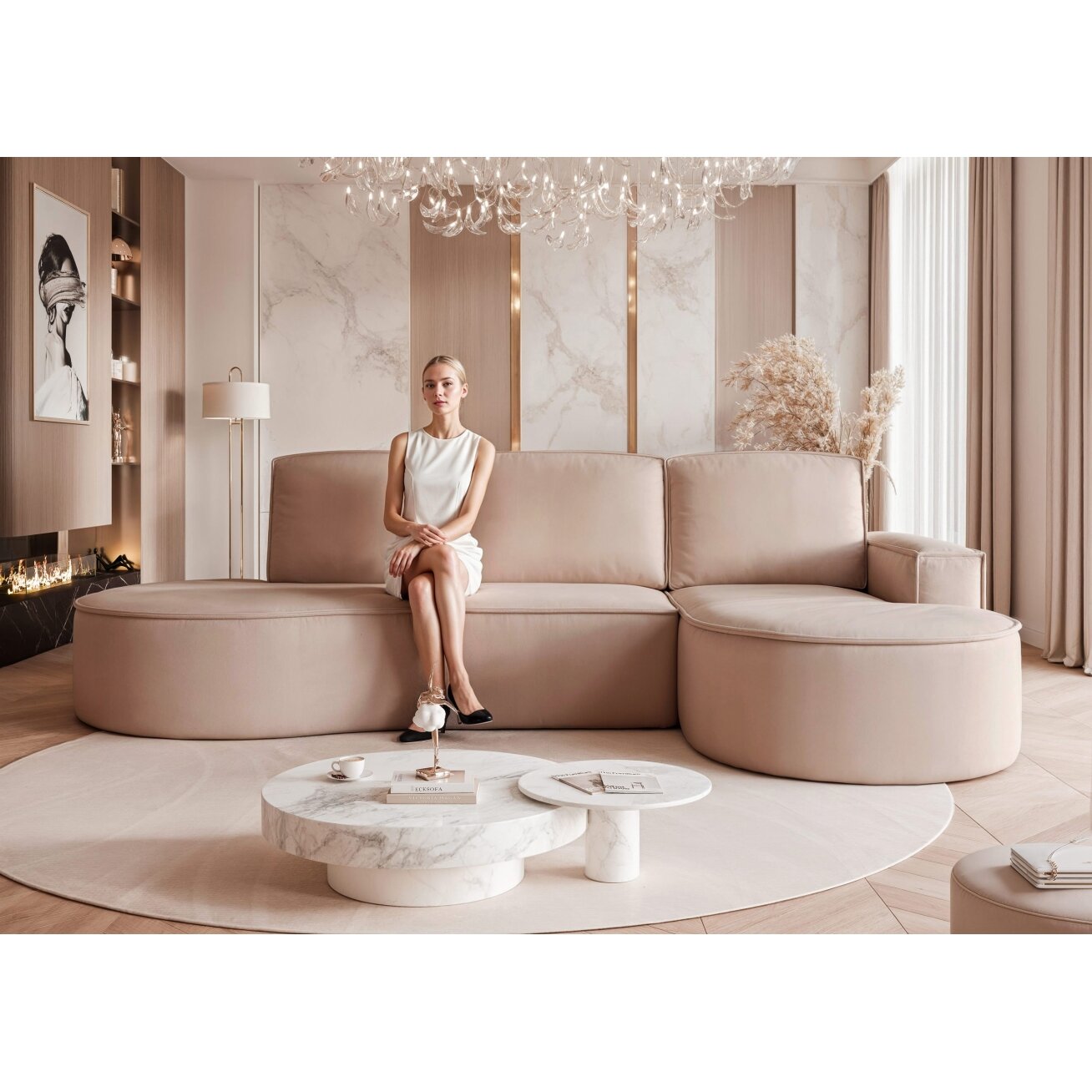 Minkštas kampas SOFIA L su miego funkcija ir patalynės dėže Kampo pusė: dešinė, Spalvos: Riviera 24 (Smėlio) 4