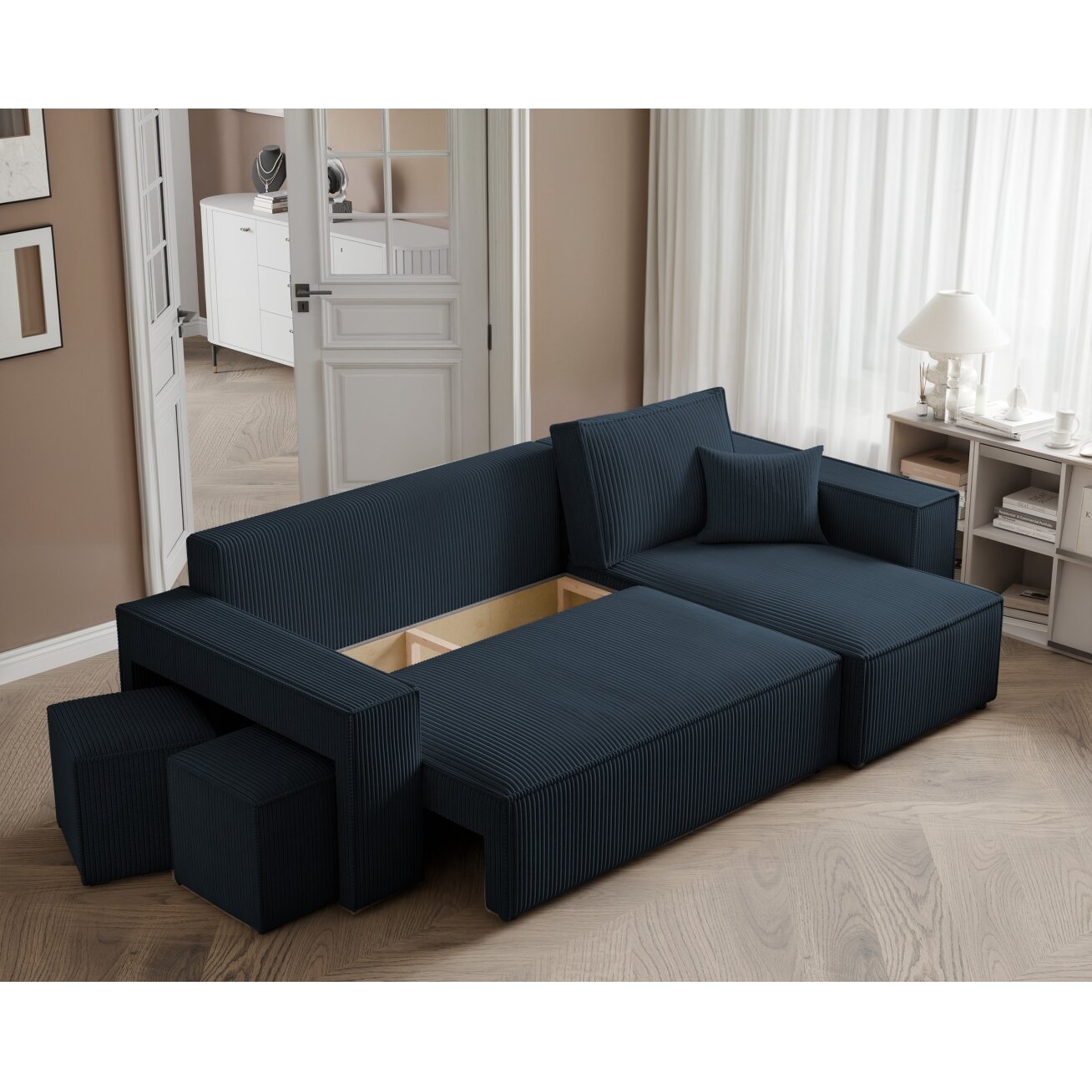 Universalus minkštas kampas PARIS su pufais Spalvos: Poso 05 (Tamsiai mėlyna) 3 Universalus minkštas kampas PARIS su pufais Spalvos: Poso 05 (Tamsiai mėlyna) 3