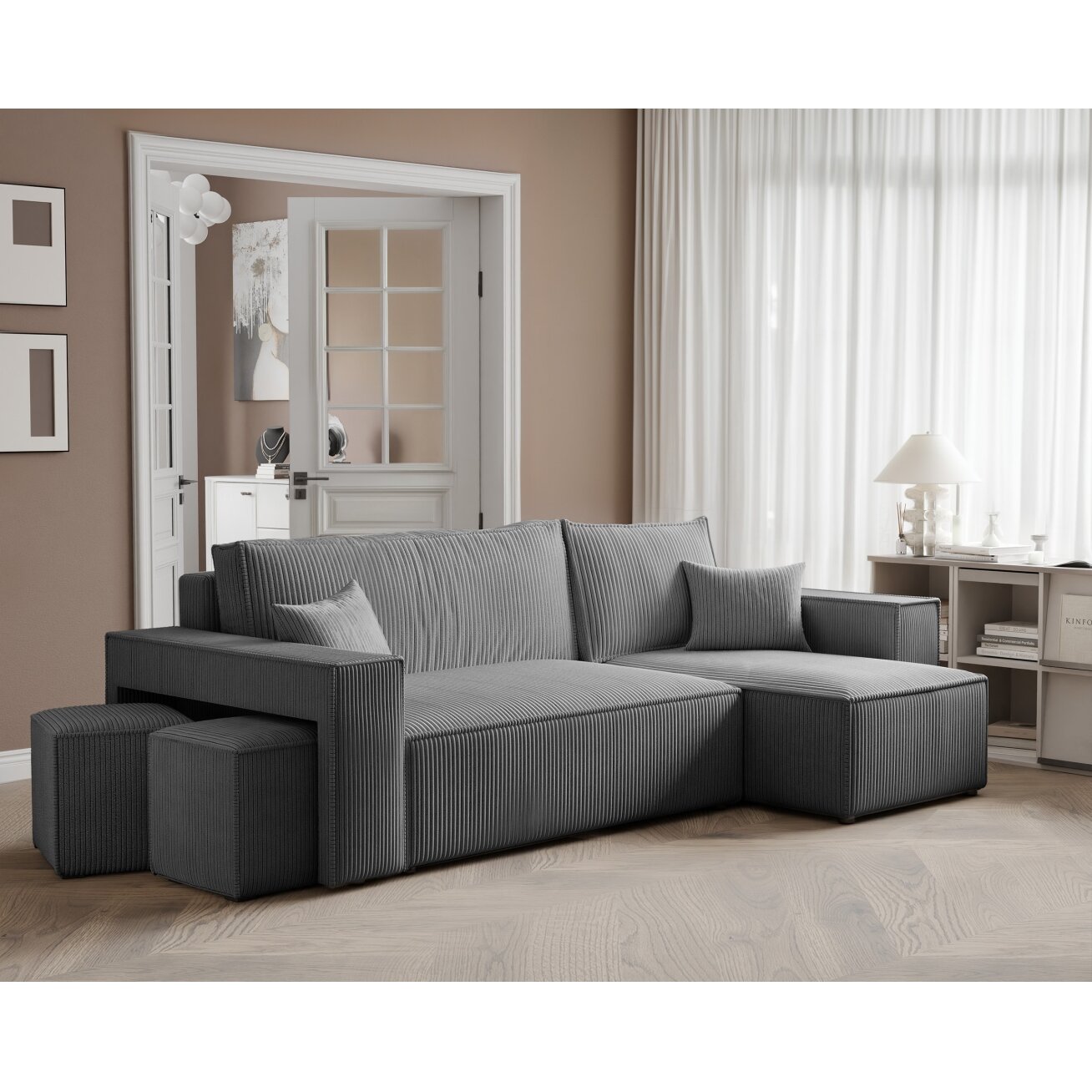 Universalus L formos minkštas kampas PARIS su pufais Spalvos: Poso 34 (tamsiai pilka) 1 Universalus L formos minkštas kampas PARIS su pufais Spalvos: Poso 34 (tamsiai pilka) 1