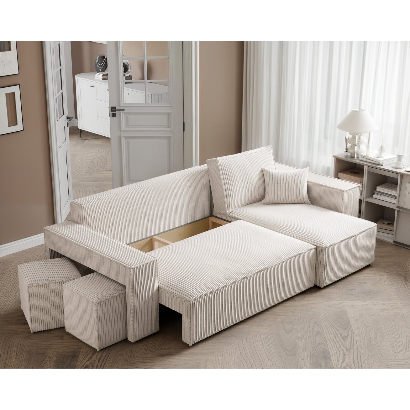 Universalus minkštas kampas PARIS su pufais Spalvos: Poso 100 (Kreminė) 3 Universalus minkštas kampas PARIS su pufais Spalvos: Poso 100 (Kreminė) 3