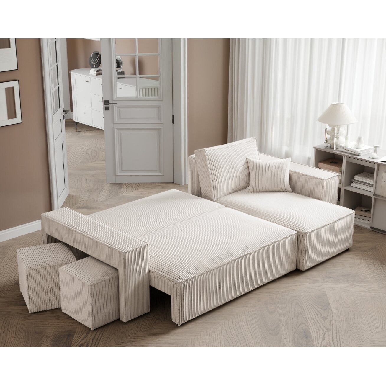 Universalus minkštas kampas PARIS su pufais Spalvos: Poso 100 (Kreminė) 4 Universalus minkštas kampas PARIS su pufais Spalvos: Poso 100 (Kreminė) 4