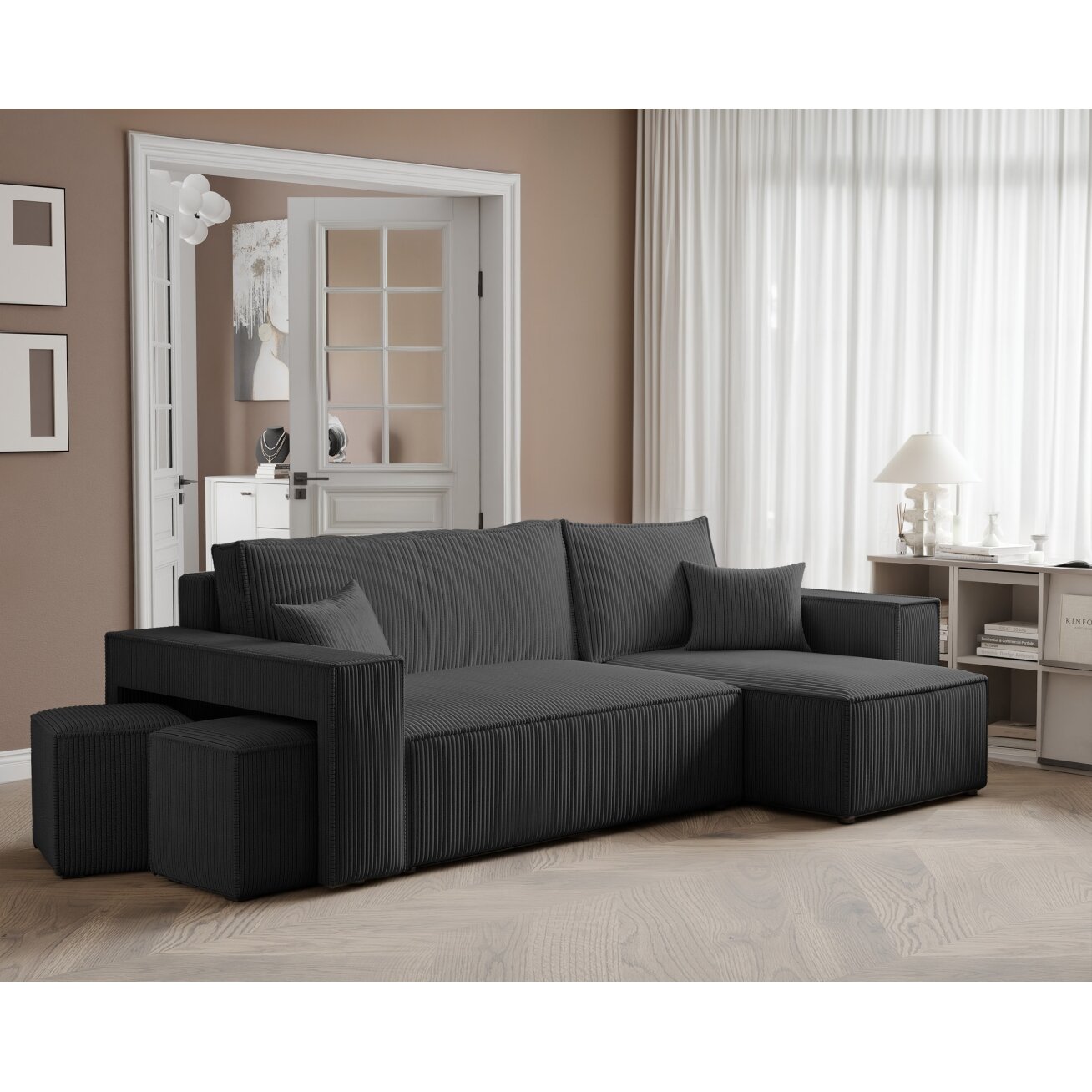 Universalus minkštas kampas PARIS su pufais Spalvos: Poso 135 (Antracitas) 1 Universalus minkštas kampas PARIS su pufais Spalvos: Poso 135 (Antracitas) 1