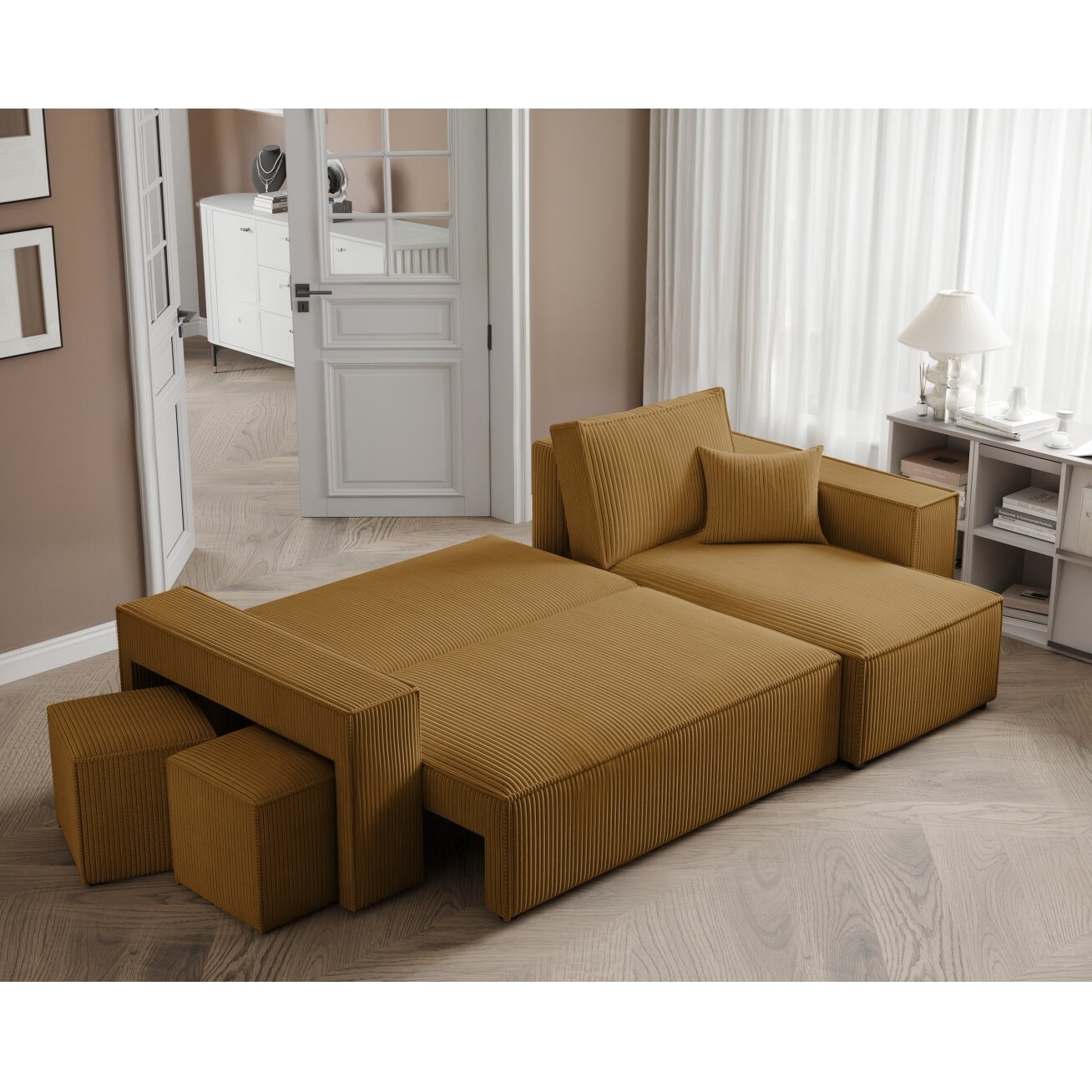 Universalus tapiceruotas kampas PARIS su pufais Spalvos: Poso 01 (geltona) 4