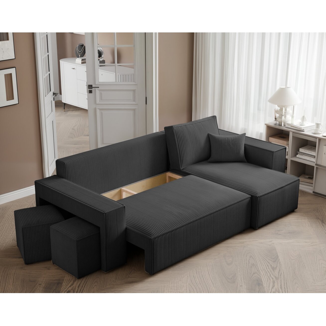 Universalus minkštas kampas PARIS su pufais Spalvos: Poso 135 (Antracitas) 3 Universalus minkštas kampas PARIS su pufais Spalvos: Poso 135 (Antracitas) 3