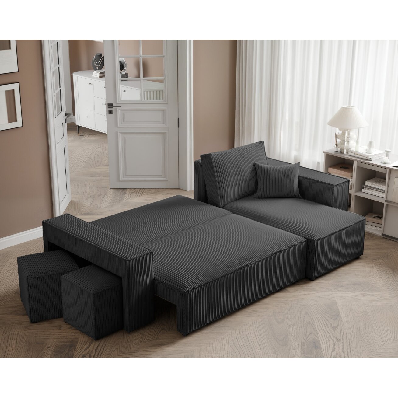 Universalus minkštas kampas PARIS su pufais Spalvos: Poso 135 (Antracitas) 4 Universalus minkštas kampas PARIS su pufais Spalvos: Poso 135 (Antracitas) 4