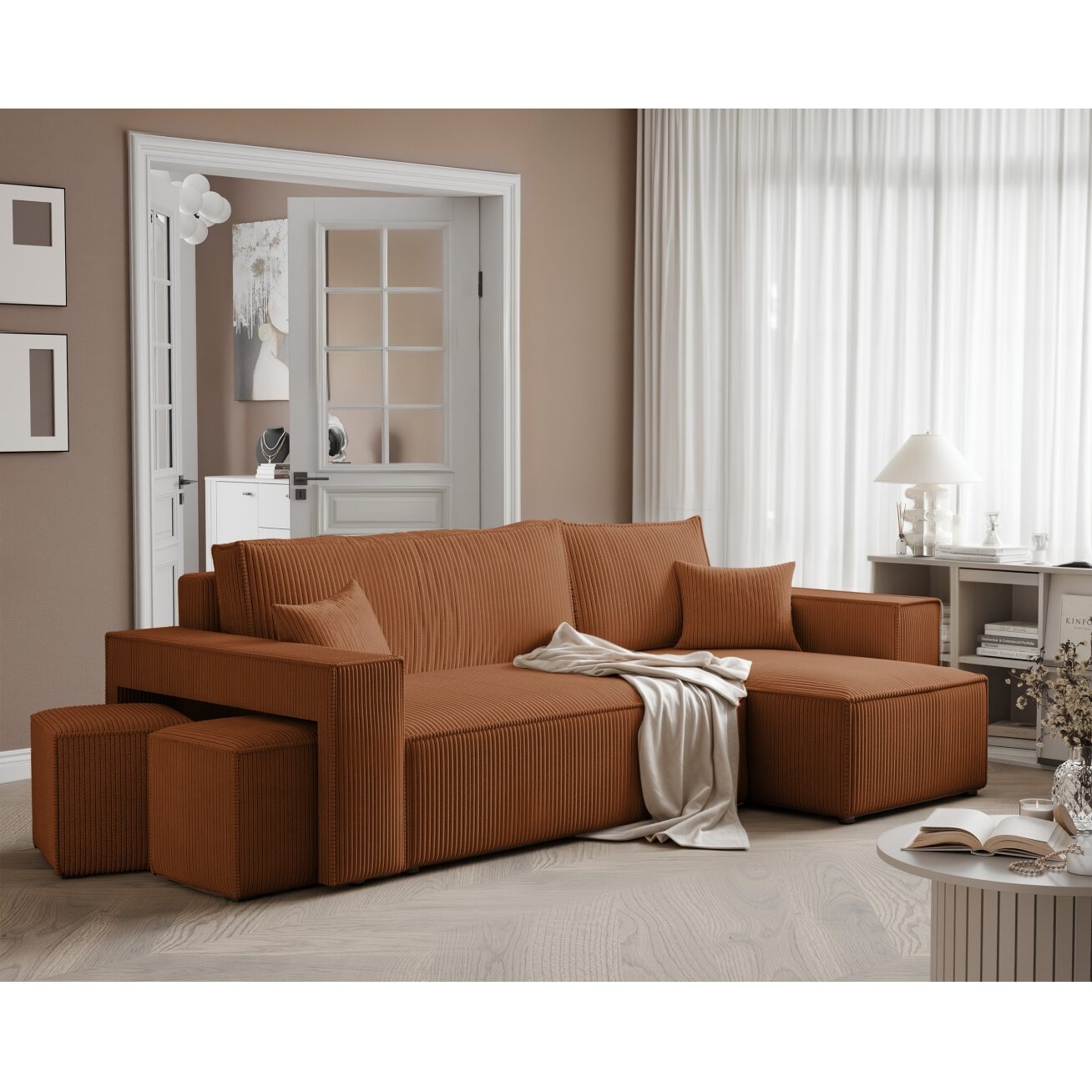 Universalus minkštas kampas PARIS su pufais Spalvos: Poso 40 (Oranžinė) Universalus minkštas kampas PARIS su pufais Spalvos: Poso 40 (Oranžinė)