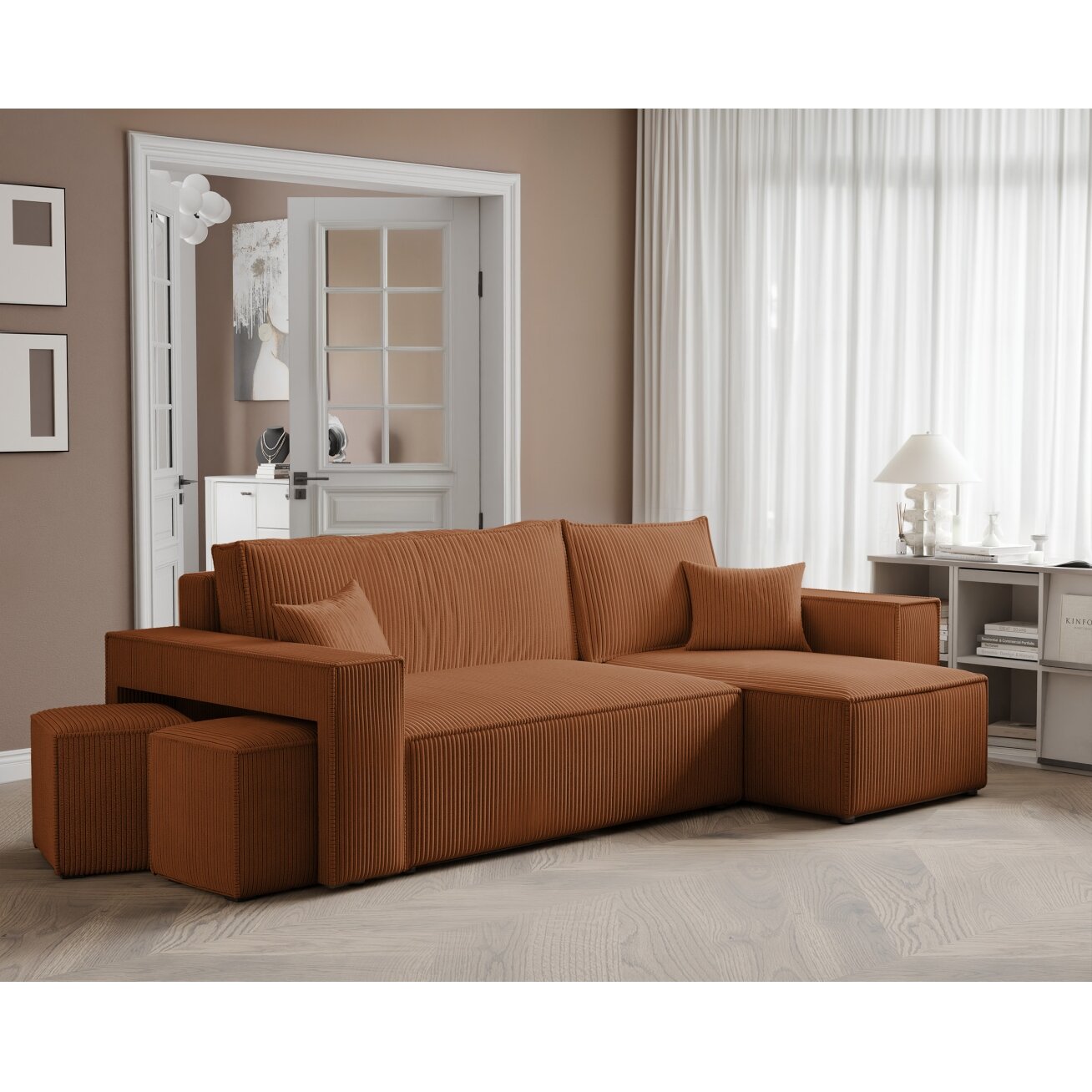 Universalus minkštas kampas PARIS su pufais Spalvos: Poso 40 (Oranžinė) 1 Universalus minkštas kampas PARIS su pufais Spalvos: Poso 40 (Oranžinė) 1