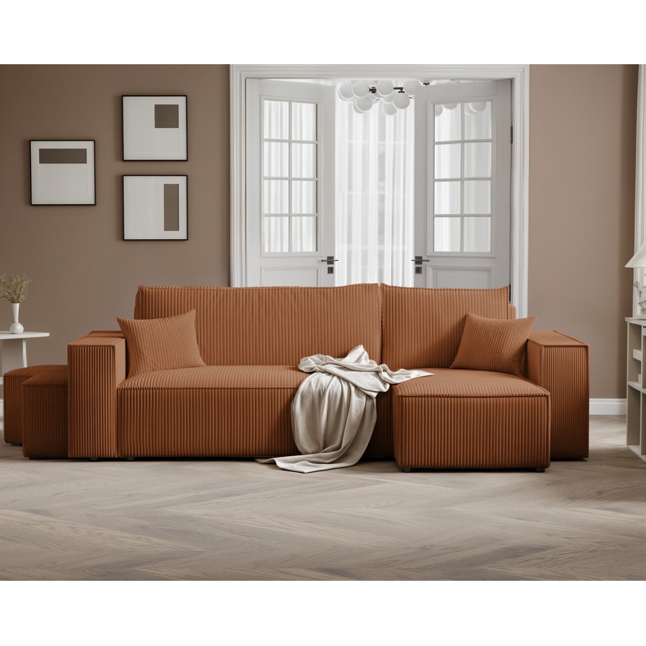 Universalus minkštas kampas PARIS su pufais Spalvos: Poso 40 (Oranžinė) 2 Universalus minkštas kampas PARIS su pufais Spalvos: Poso 40 (Oranžinė) 2