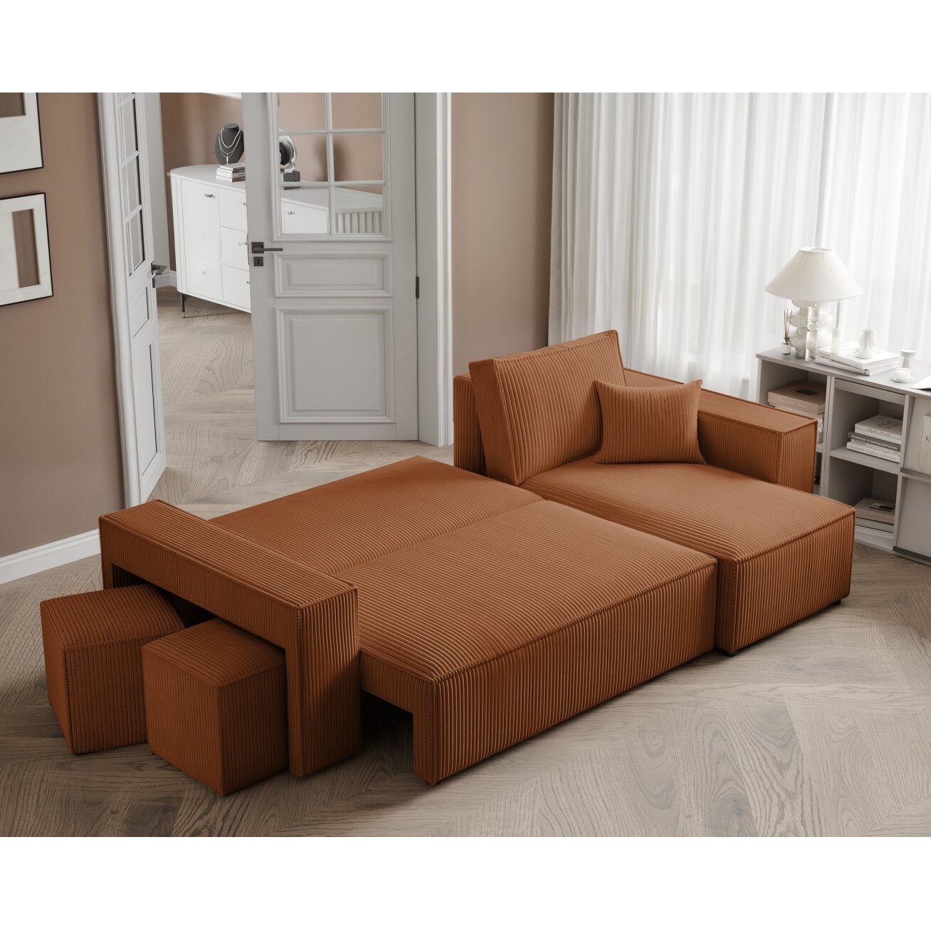 Universalus minkštas kampas PARIS su pufais Spalvos: Poso 40 (Oranžinė) 4 Universalus minkštas kampas PARIS su pufais Spalvos: Poso 40 (Oranžinė) 4