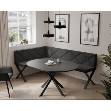 Virtuvinis kampas VERO X Dydis: 128x168 cm , Kampo pusė: Kairė, Spalvos: Inari 100 (Juoda), Apdaila: Dygsniuota atrama
