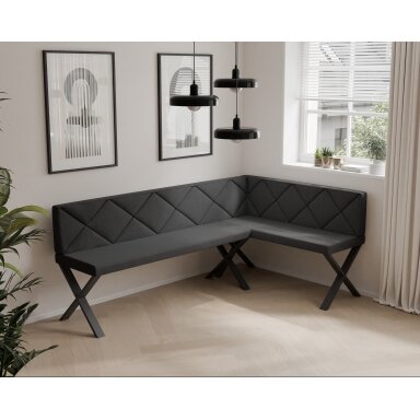 Virtuvinis kampas VERO X Kampo pusė: dešinė, Spalvos: Inari 100 (Juoda), Dydis: 142x196 cm , Apdaila: dygsniuotas atlošas