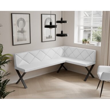 Virtuvinis kampas VERO X Dydis: 128x168 cm , Kampo pusė: Dešinė, Spalvos: Soft 17 (Balta), Apdaila: Dygsniuotas atlošas