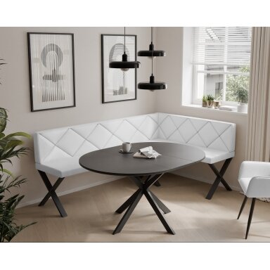 Virtuvinis kampas VERO X Kampo pusė: Dešinė, Spalvos: Soft 17 (Balta), Dydis: 142x196 cm , Apdaila: Dygsniuotas atlošas