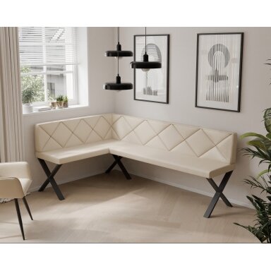 Virtuvinis kampas VERO X Dydis: 128x168 cm, kampo pusė: kairė, spalvos: Soft 18 smėlio, apdaila: dygsniuotas atlošas