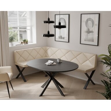Virtuvinis kampas VERO X Kampo pusė: Kairė, Dydis: 142x196 cm , Spalvos: Soft 18 smėlio , Apdaila: Dygsniuotas atlošas