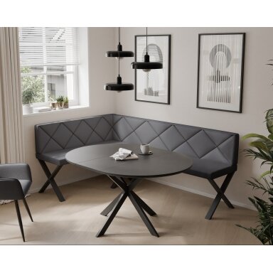 Virtuvinis kampas VERO X Kampo pusė: kairė, Spalvos: Soft 29 (pilka), Dydis: 142x196 cm , Apdaila: dygsniuota nugarėlė