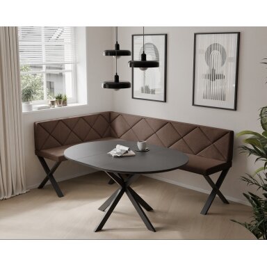 Virtuvinis kampas VERO X Kampo pusė: kairė, Dydis: 142x196 cm , Spalvos: Inari 28 (ruda), Apdaila: dygsniuotas atlošas