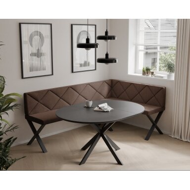 Virtuvinis kampas VERO X Kampo pusė: dešinė, Dydis: 142x196 cm , Spalvos: Inari 28 (Ruda), Apdaila: dygsniuotas atlošas