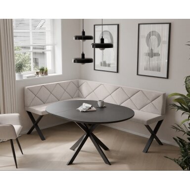 Virtuvinis kampas VERO X Dydis: 128x168 cm , Kampo pusė: Kairė, Spalvos: Inari 22 (Šviesus smėlio), Apdaila: Dygsniuotas atlošas