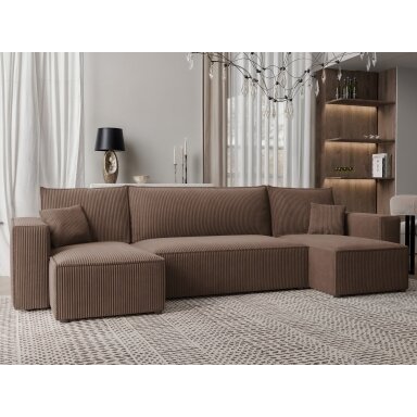 Minkštas kampinis sofa svetainės kambariui PARIS U su miego funkcija ir patalynės dėže Spalvos: Poso 06 (Ruda)