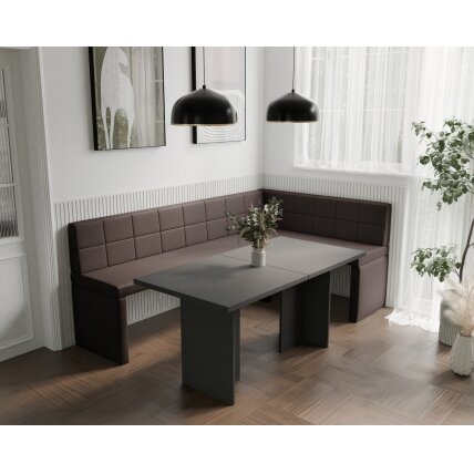 Virtuvinis kampas MELVIN Kampo pusė: Dešinė, Spalvos: Soft 30 (Ruda), Dydis: 142x196 cm Virtuvinis kampas MELVIN Kampo pusė: Dešinė, Spalvos: Soft 30 (Ruda), Dydis: 142x196 cm