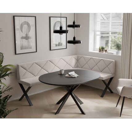 Virtuvinis kampas VERO X Dydis: 128x168 cm , Kampo pusė: Dešinė, Spalvos: Inari 22 (Šviesus smėlio), Apdaila: Dygsniuota nugarėlė