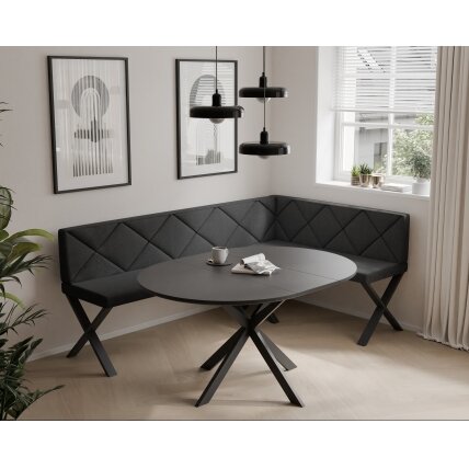 Virtuvinis kampas VERO X Kampo pusė: dešinė, Spalvos: Inari 100 (Juoda), Dydis: 142x196 cm , Apdaila: dygsniuotas atlošas Virtuvinis kampas VERO X Kampo pusė: dešinė, Spalvos: Inari 100 (Juoda), Dydis: 142x196 cm , Apdaila: dygsniuotas atlošas