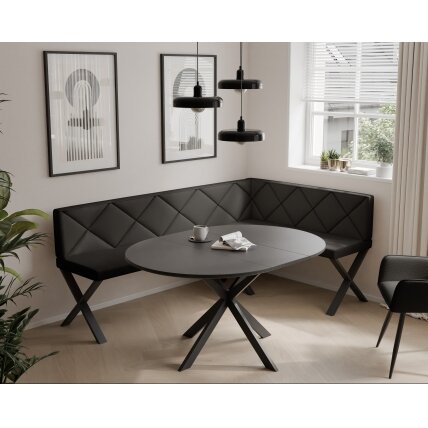 Virtuvinis kampas VERO X Dydis: 128x168 cm , Kampo pusė: Dešinė, Spalvos: Soft 11 (Juoda), Apdaila: Dygsniuota atlošo dalis
