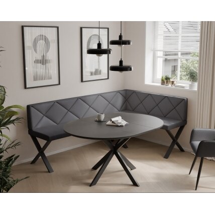 Virtuvinis kampas VERO X Dydis: 128x168 cm, Kampo pusė: Dešinė, Spalvos: Soft 29 (Pilka), Apdaila: Dygsniuotas atlošas