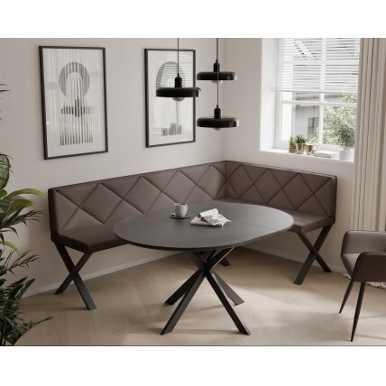 Virtuvinis kampas VERO X Dydis: 128x168 cm , Kampo pusė: dešinė, Spalvos: Soft 30 (ruda), Apdaila: dygsniuotas atlošas