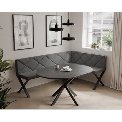 Virtuvinis kampas VERO X Kampo pusė: dešinė, Dydis: 142x196 cm, Spalvos: Inari 96 (tamsiai pilka), Apdaila: dygsniuotas atlošas Virtuvinis kampas VERO X Kampo pusė: dešinė, Dydis: 142x196 cm, Spalvos: Inari 96 (tamsiai pilka), Apdaila: dygsniuotas atlošas