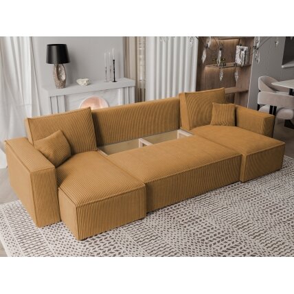 Minkštas kampinis sofa svetainei PARIS U su miego funkcija ir patalynės dėže Spalvos: Poso 01 (geltona) 1