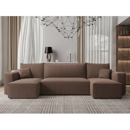 Minkštas kampinis sofa svetainės kambariui PARIS U su miego funkcija ir patalynės dėže Spalvos: Poso 06 (Ruda) 2