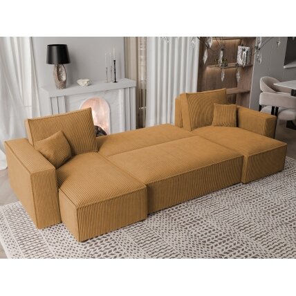 Minkštas kampinis sofa svetainei PARIS U su miego funkcija ir patalynės dėže Spalvos: Poso 01 (geltona) 2