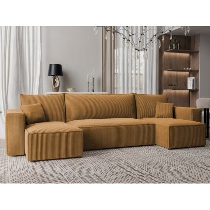 Minkštas kampinis sofa svetainei PARIS U su miego funkcija ir patalynės dėže Spalvos: Poso 01 (geltona)