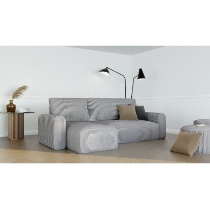 Minkštas kampinis sofa JOBO su miego funkcija ir patalynės dėže Spalvos: Poso 110 (Šviesiai pilka)