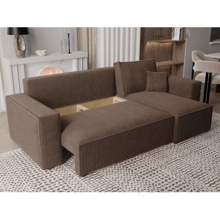 Minkštas kampinis sofa PARIS su miego funkcija ir patalynės dėže Spalvos: Poso 06 (Ruda) 1