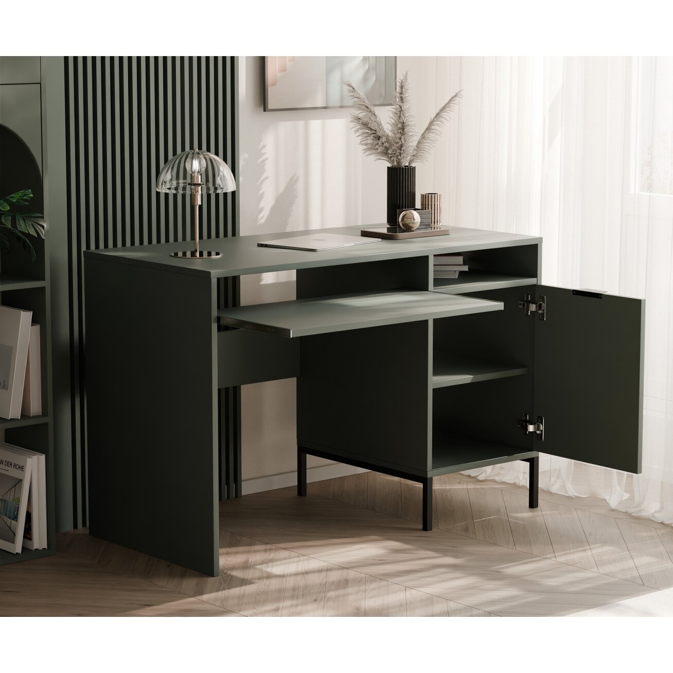 Modernus rašomasis stalas WAVE 120 cm ant kojelių Spalvos: Greenstone (žalia) 1 Modernus rašomasis stalas WAVE 120 cm ant kojelių Spalvos: Greenstone (žalia) 1