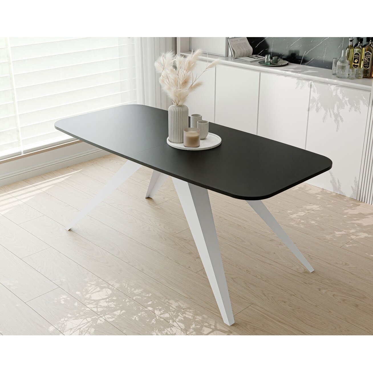 Modernus išskleidžiamas stalas FENTO su metalinėmis kojomis Spalvos: baltas / juodas molet, Plotis: 160 cm 3 Modernus išskleidžiamas stalas FENTO su metalinėmis kojomis Spalvos: baltas / juodas molet, Plotis: 160 cm 3