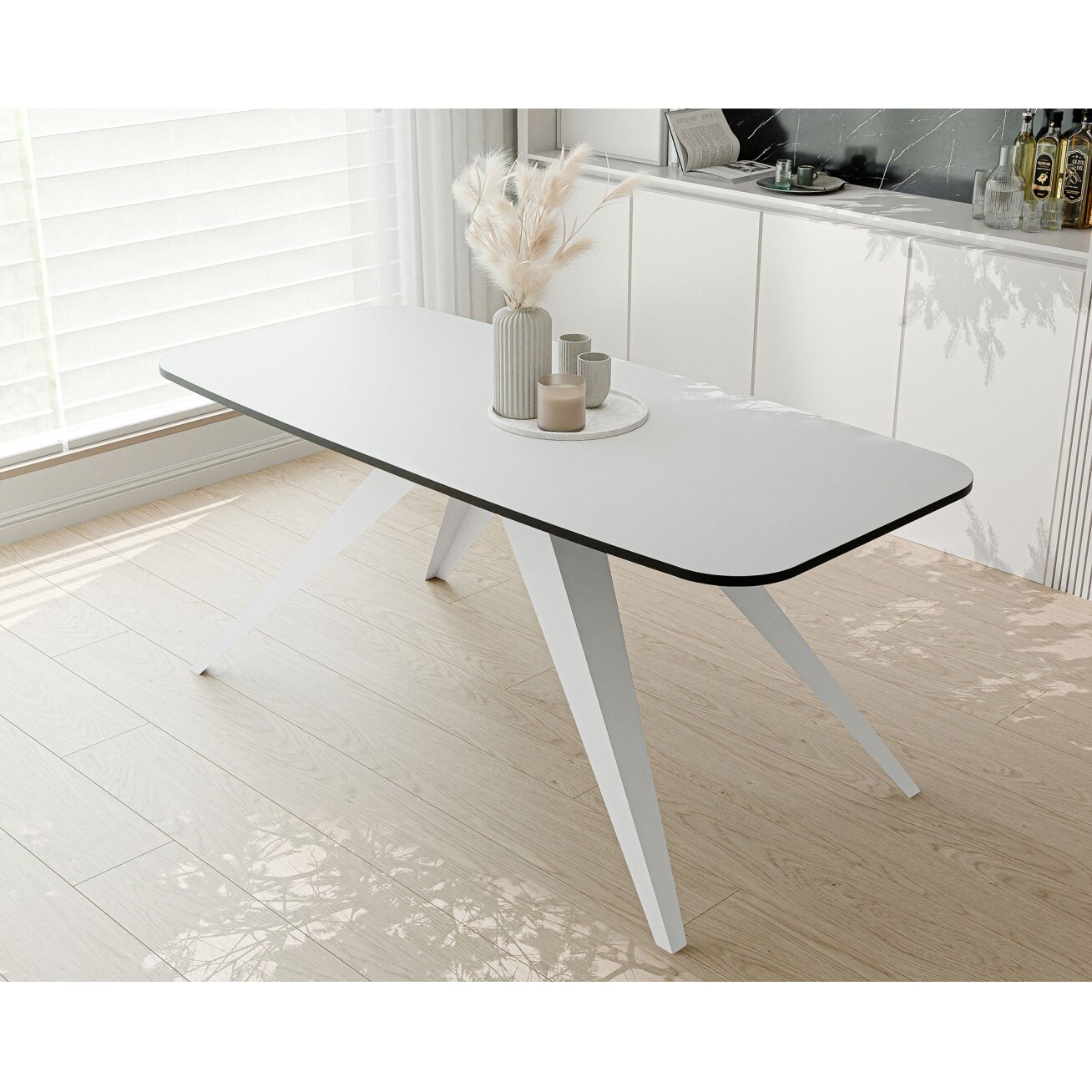 Modernus išskleidžiamas stalas FENTO su metalinėmis kojomis Spalvos: Balta / arktinė balta, Plotis: 160 cm 3 Modernus išskleidžiamas stalas FENTO su metalinėmis kojomis Spalvos: Balta / arktinė balta, Plotis: 160 cm 3