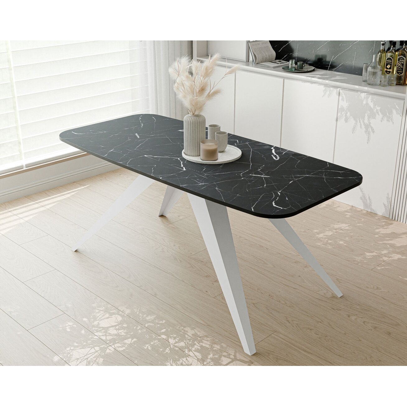 Modernus išskleidžiamas stalas FENTO su metalinėmis kojomis Spalvos: Balta / grigia pietra, Plotis: 160 cm 3